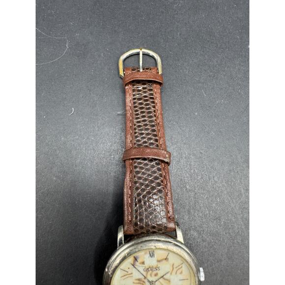 VTG Guess Mother of Pearl Dial Round Silver Tone Case Brown Leather Band Watch main image 10